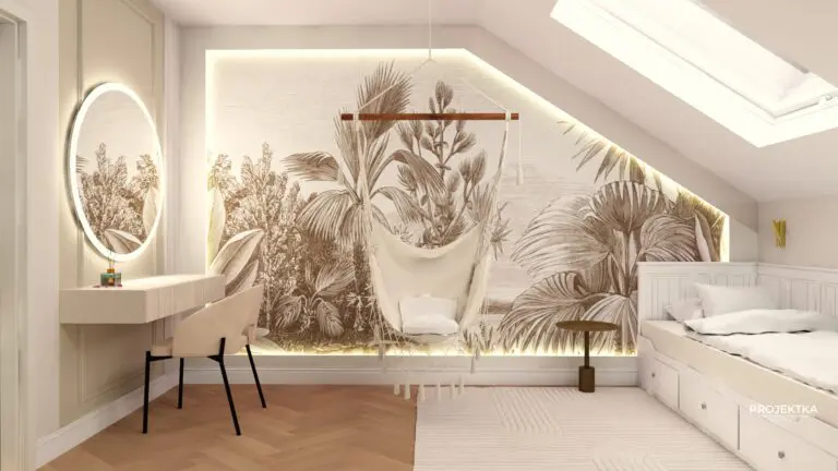 aranżacja projekt pokój na poddaszu dla niej dla nastolatki